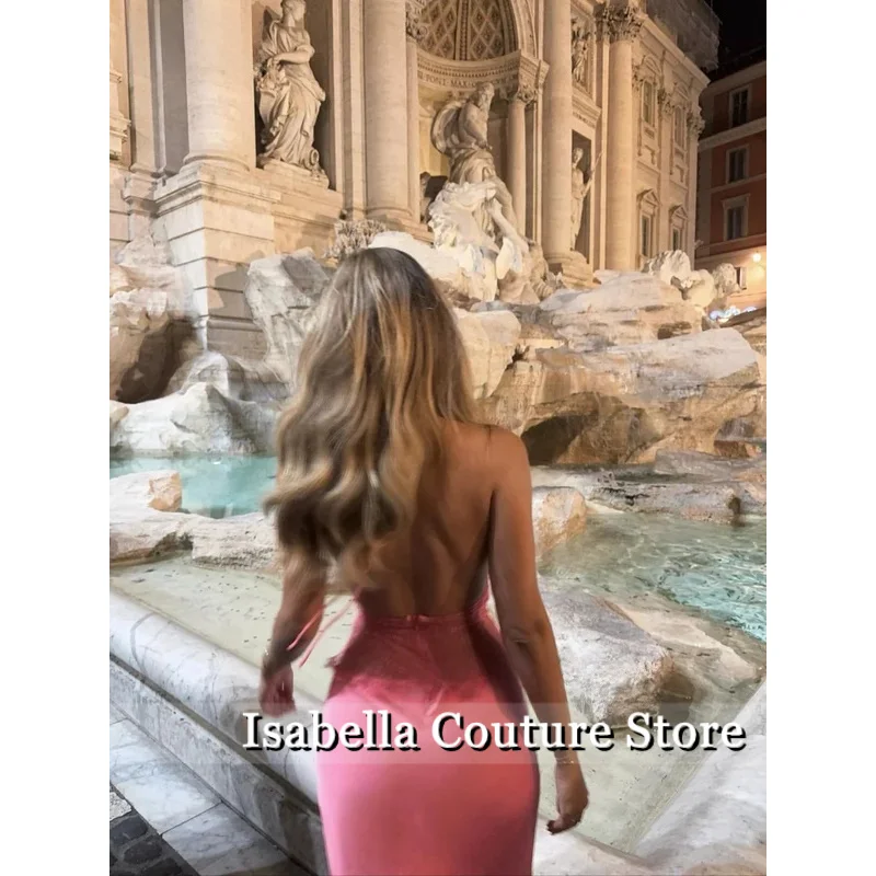 Różowa Satynowa Sukienka Wieczorowa typu Halter Syrenka Seksowna Bez Pleców Sukienka na Formalne Okazje Damska Nowoczesna Sukienka na Bal Studniówkowy z Możliwością Personalizacji