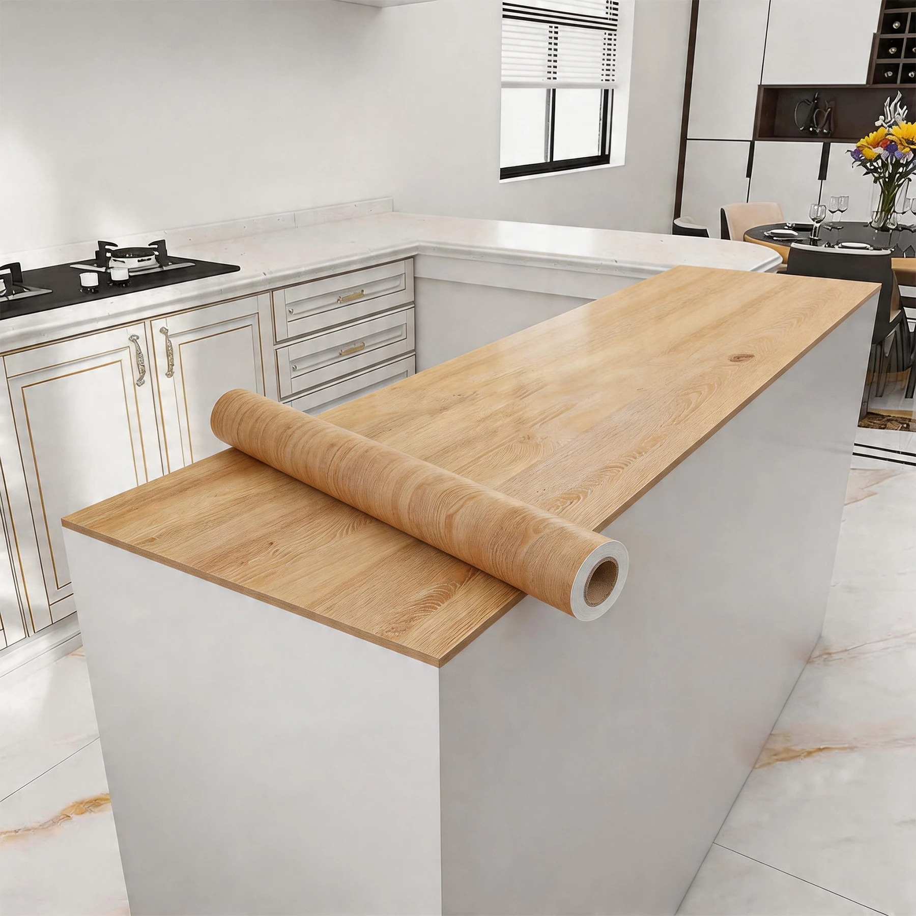

﻿ Kitchen Countertop Wood Wallpaper PVC Self-adhesive Renovation Wall Stickers Kitchen Cabinet Wall Peel And Stick Stickers