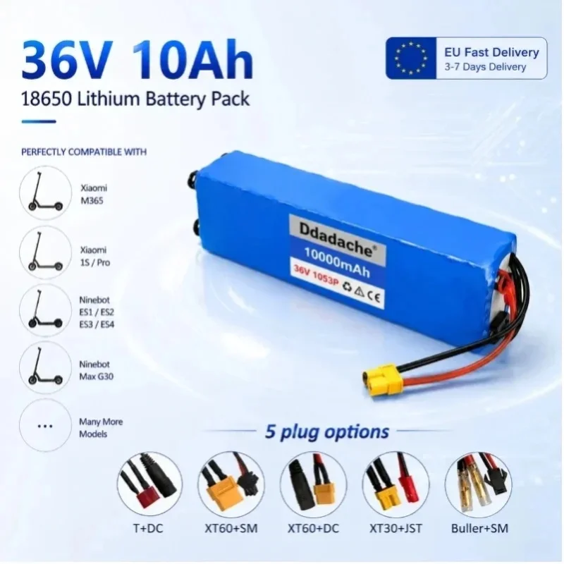 Akumulator litowy 36V 10Ah 10000mAh 10S3P 18650 z inteligentnym BMS do hulajnogi elektrycznej, roweru elektrycznego, roweru modyfikowanego, silnika 500W, wodoodporny, ładowalny, z wtyczką XT60 T, — 2