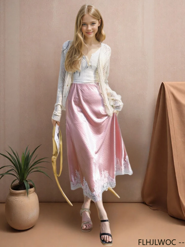 

Long Fishtail Skirt Romantic Bright Elegant Lady Women FLHJLWOC Design Summer Holiday Beach Fashion Patchwork White Lace Skirts