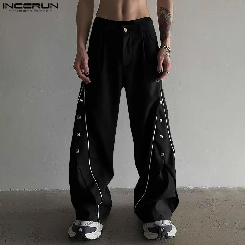 INCERUN 2024 Korean Style Trousers Men's Fashion Rivet Deconstruction Design Pant Male Streetwear Solid Wide Leg Pantalons S-5XL