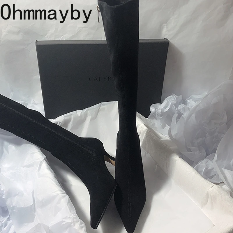 Women Stretch Modern Long Boots Fashion Pointed Toe Knee High Booties Designer High Heels Shoes