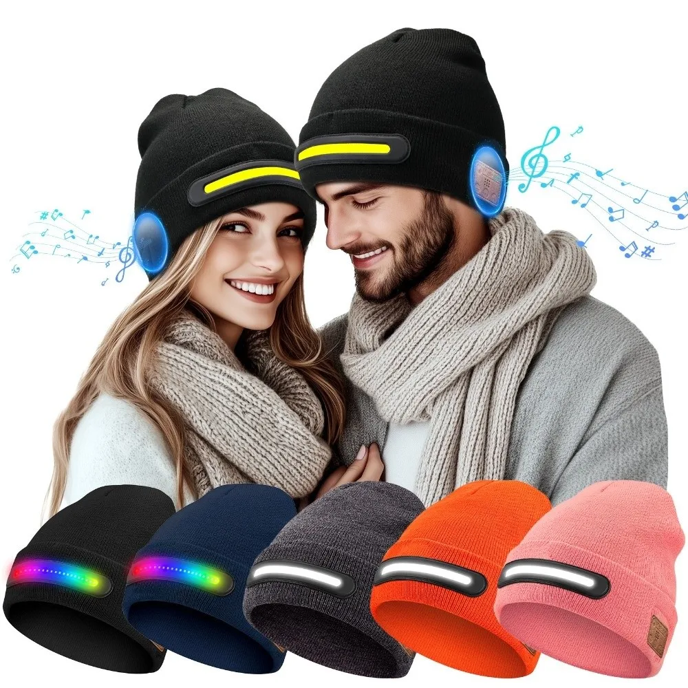USB Rechargeable LED Lighted Beanie Hat Three-Stage Lighting Built-in Speaker Mic Smart Bluetooth Beanie Detachable