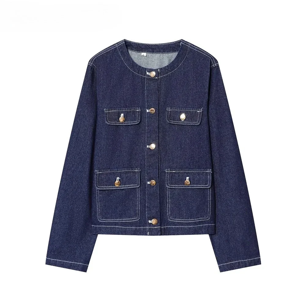 

2025 Новый осенний новый женский универсальный дизайн в европейском и американском стиле без воротника, джинсовая куртка