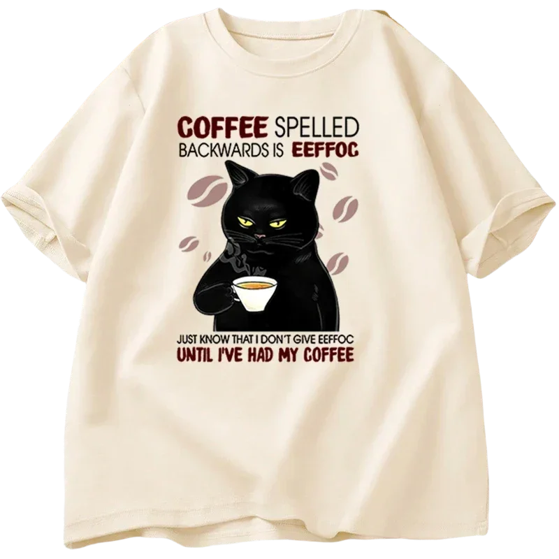 2024Coffee Spelled Backwards Cat T-shirt Funny Cute Graphic Tees Unisex Cotton  T Shirt Mens Clothes oversizedt-shirts