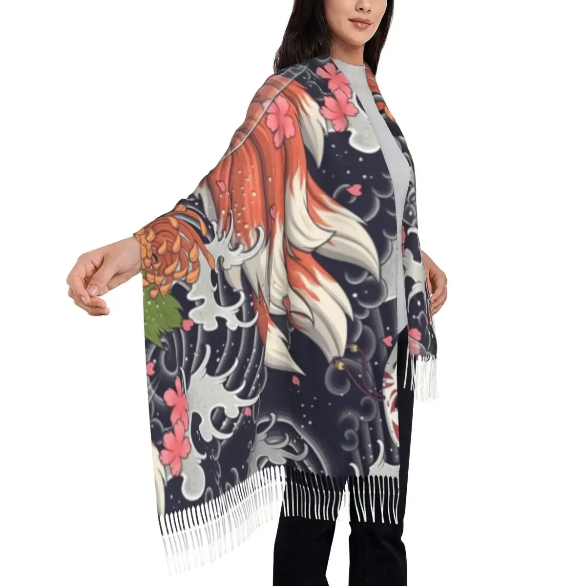 Nine-Tailed-Fox-Spirit-Playing-In-The-Rain-Shawl-A-Tassel-Scarf