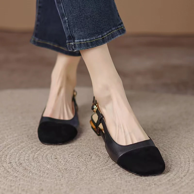 2022 Spring Autumn Round Toe Basic Pumps Women\'s 2cm Low Heels Fashion Retro Elastic Strap Slingback Summer Sandals Work Shoes