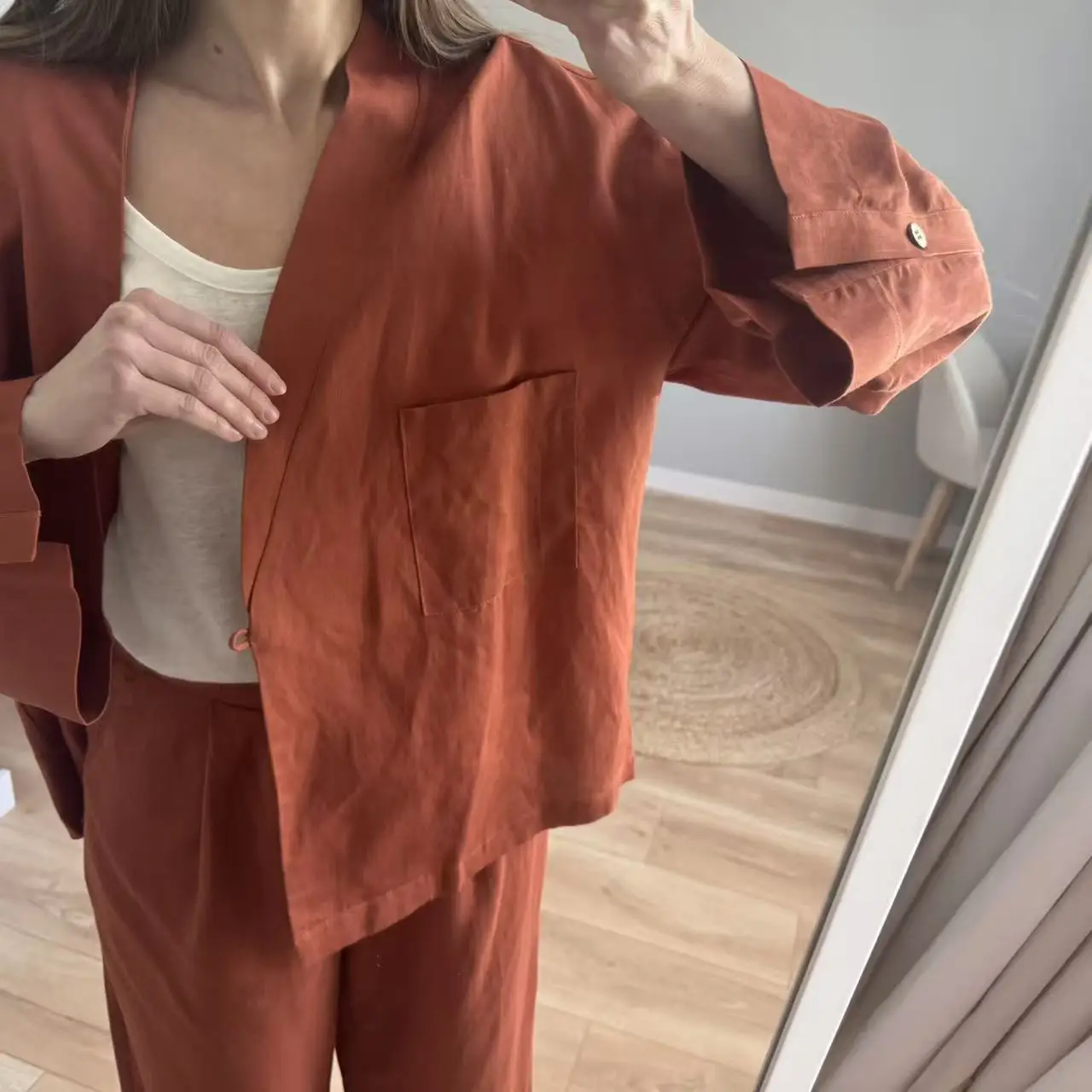 Women's Linen Two-Piece Set: Kimono Wrap Top & Wide-Leg Pants