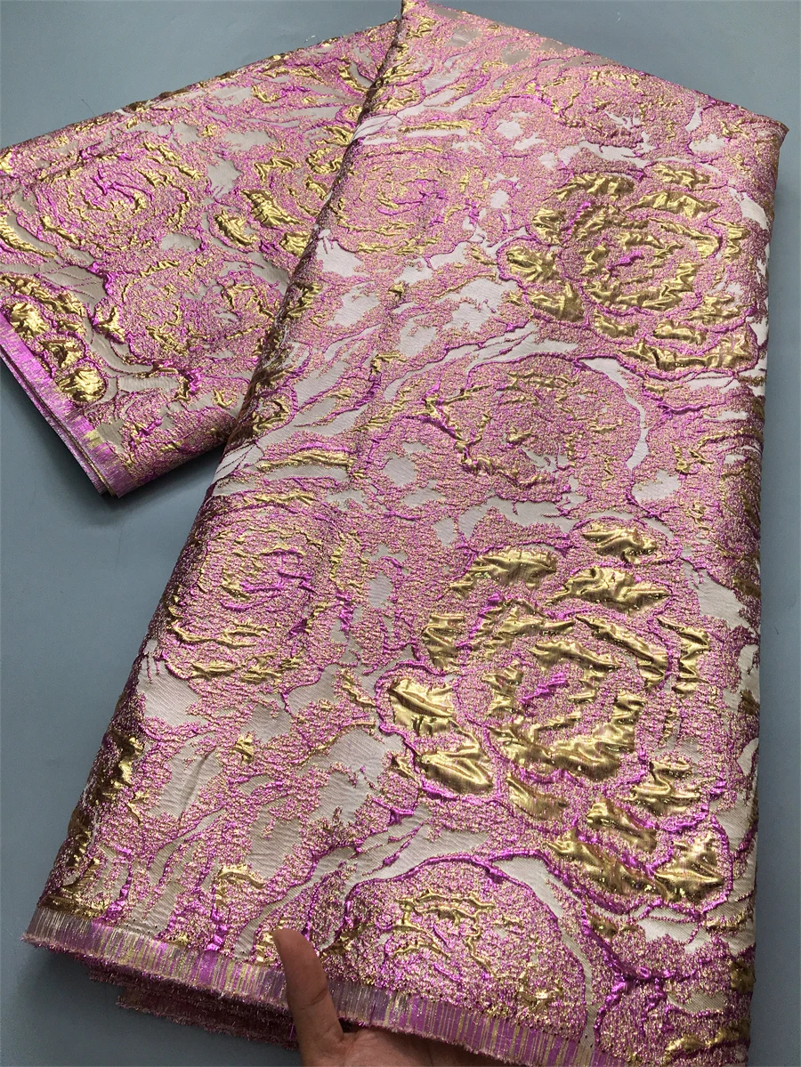 

African Brocade Lace Fabric Gold French Nigerian Embossed Organza Jacquard Fabric for Sewing Clothes for Women Prom Dress 5yards