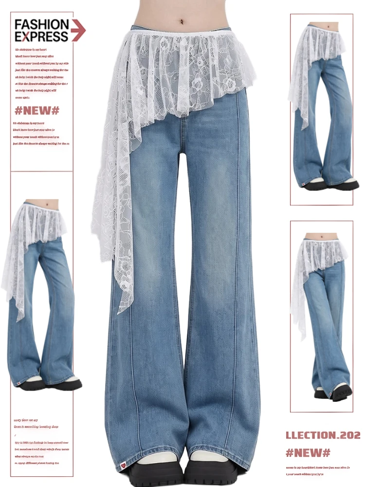 

High Waist Lace Splice Slimming Denim Pants Women's Casual Wide Leg Jeans Breathable Comfortable All Season Long Trousers