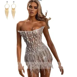 Sexy Strapless Pearls Beaded Tassel Mini Dress with earring Women Hot Party Clubwear Club Dress Short Evening Dresses Vestido