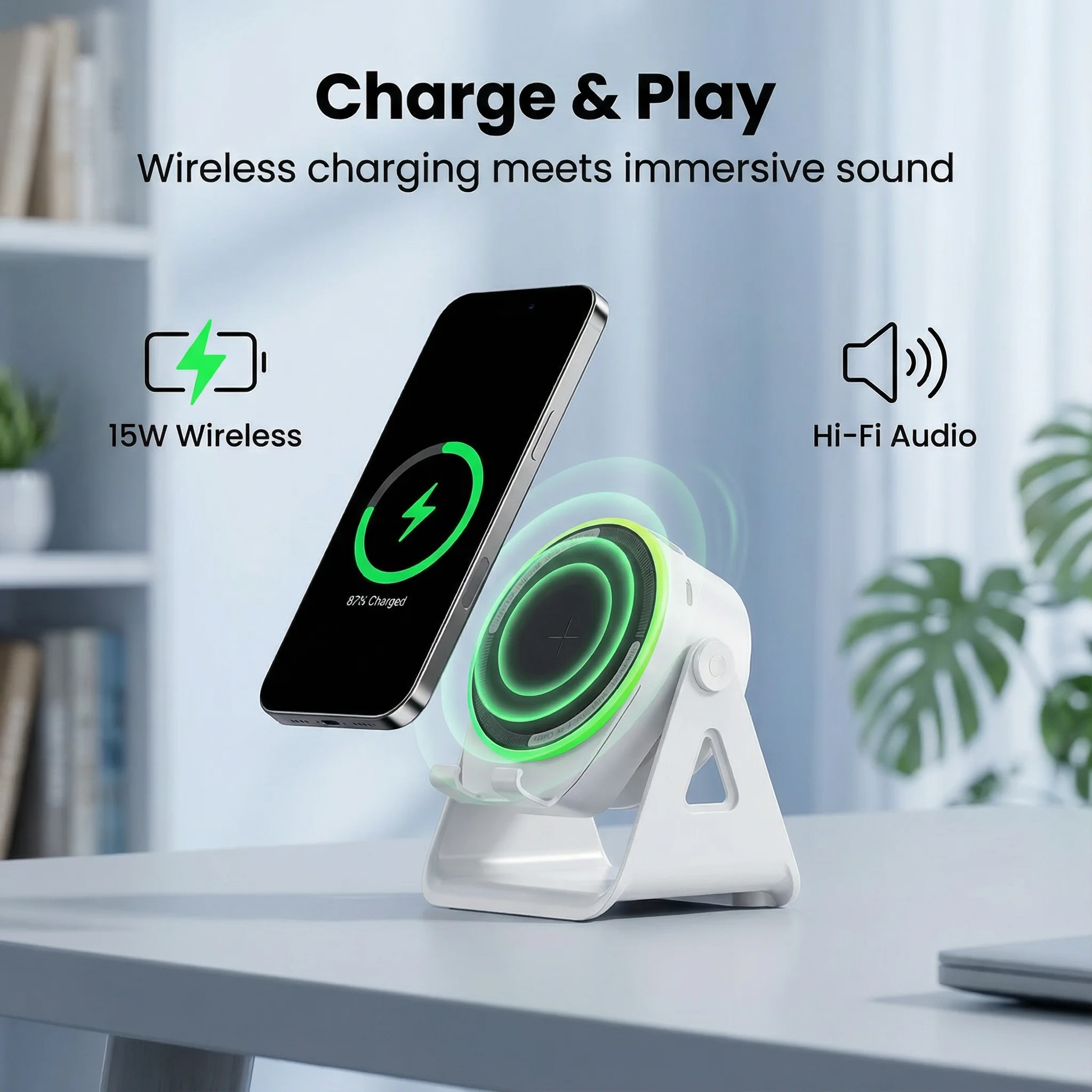 

New Multi-functional Wireless Charging Inductive Speaker with Rotating Phone Stand and Bluetooth Speaker