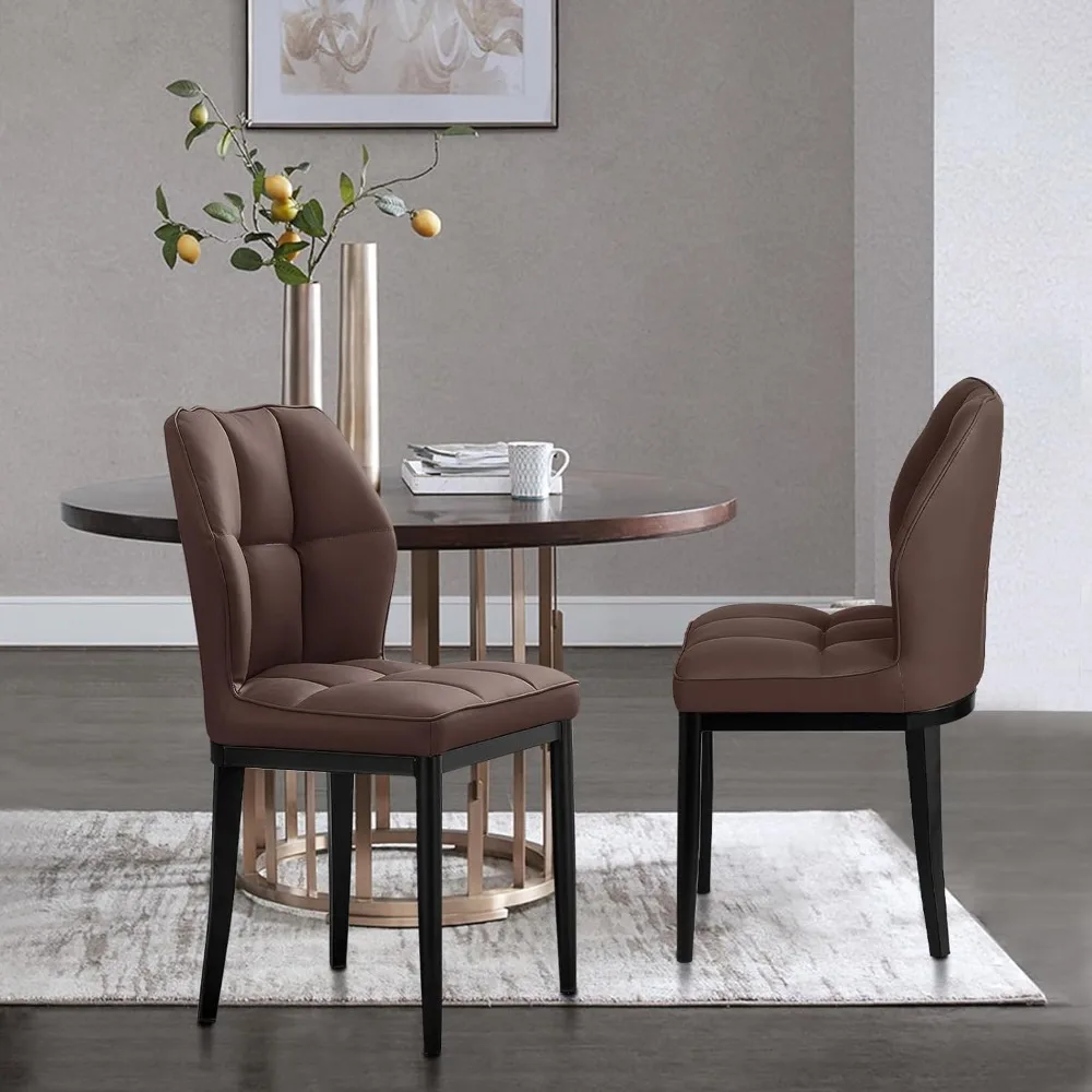 Set of 2 Mid Century Modern Kitchen Chairs, Upholstered Armless Dining Chairs, Leather Dining Room Chairs with Plaid Back