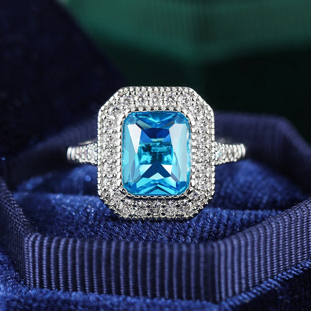Fashion 925 sterling silver Aquamarine Stone Rings For Women Square cut Blue Zircon Wedding Engagement Ring Jewelry gift
