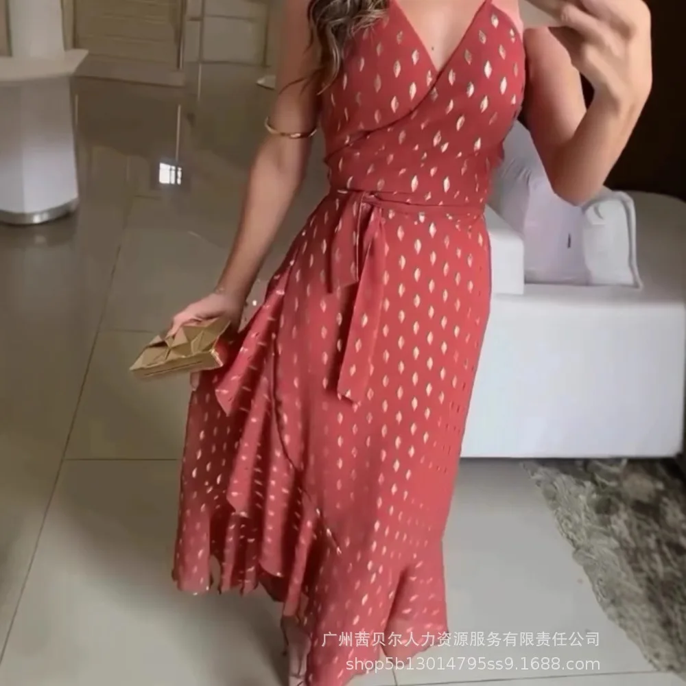 Robe Maxi bronzante pour femmes, col en V, bretelles Spaghetti, volants, décontractée, détail noué, robe asymétrique