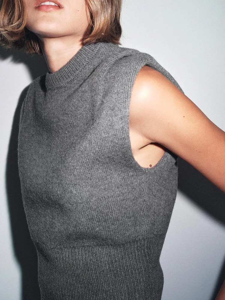 Sweet Ele Women's Knitted Vest Top oulder Pleated Sle Casual Slim Fit round Ne ort Length Outerwear for Ladies