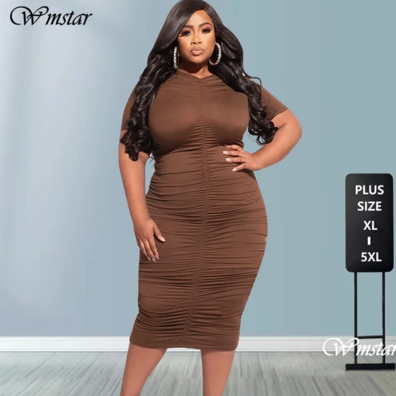 Plus size 5xl roupas femininas verão vestido sexy cor sólida plissado manga curta sexy apertado clube vestidos atacado dropshipping