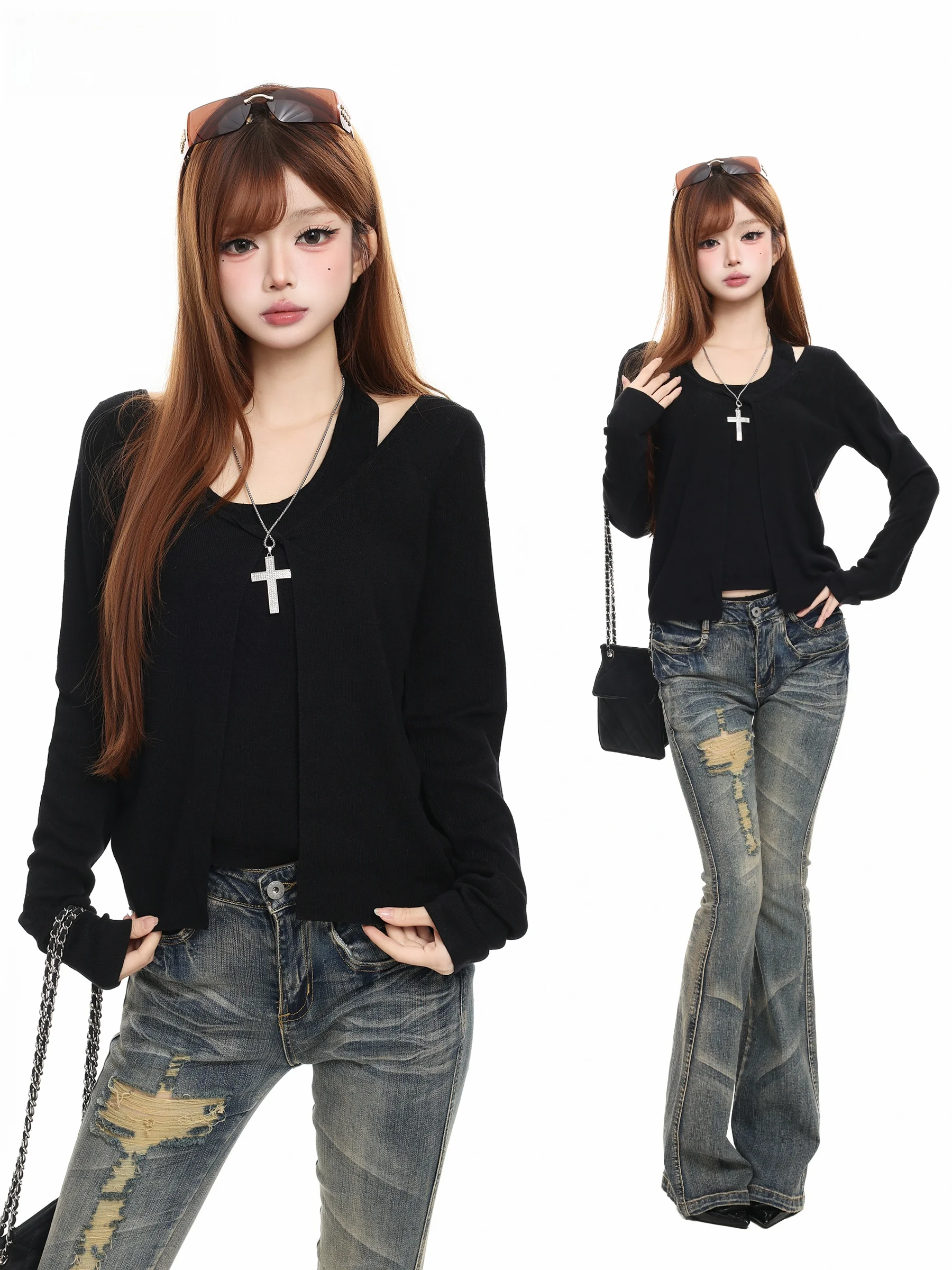 Slim Fit V-Neck Long Sleeve T-Shirt Women's Style Casual Knitted Top Black Hanging Neck Design Autumn Fashion Slimming Base S...