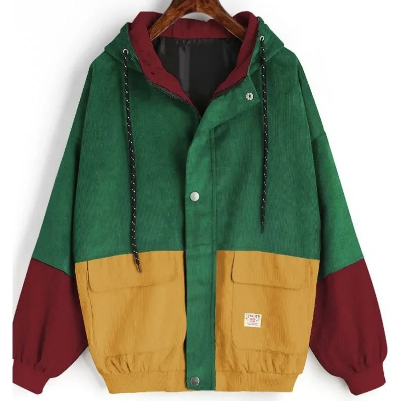 Color Block Patchwork Corduroy Hooded Fashion Jackets Men Hip Hop Hoodies Top Comfortable Coats Male Casual Streetwear Outerwear