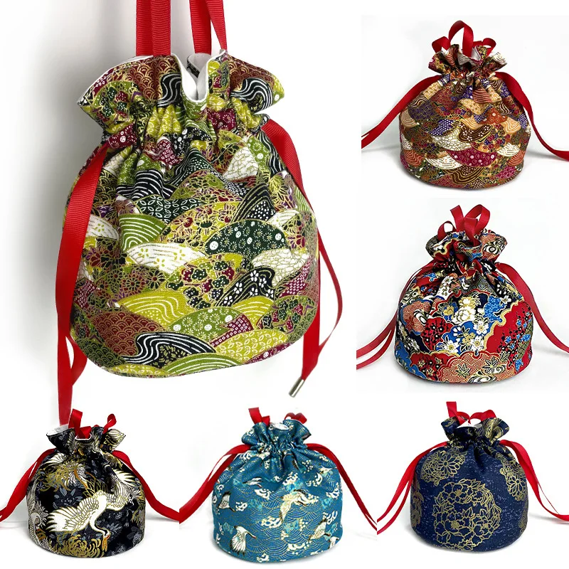 

Girls Kimono Handbag Japanese Style Haori Yukata Kimono Purse Women Bag Vintage Floral Drawstring Bucket Bag Hanfu Handbag