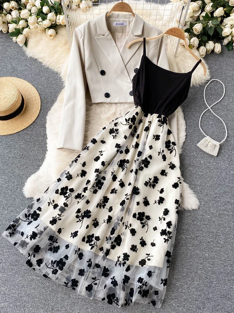 

French Style Elegant Two Piece Sets Women Double Breasted Blazer Jacket + Mesh A-line Long Dress Fashion Korean Outfits