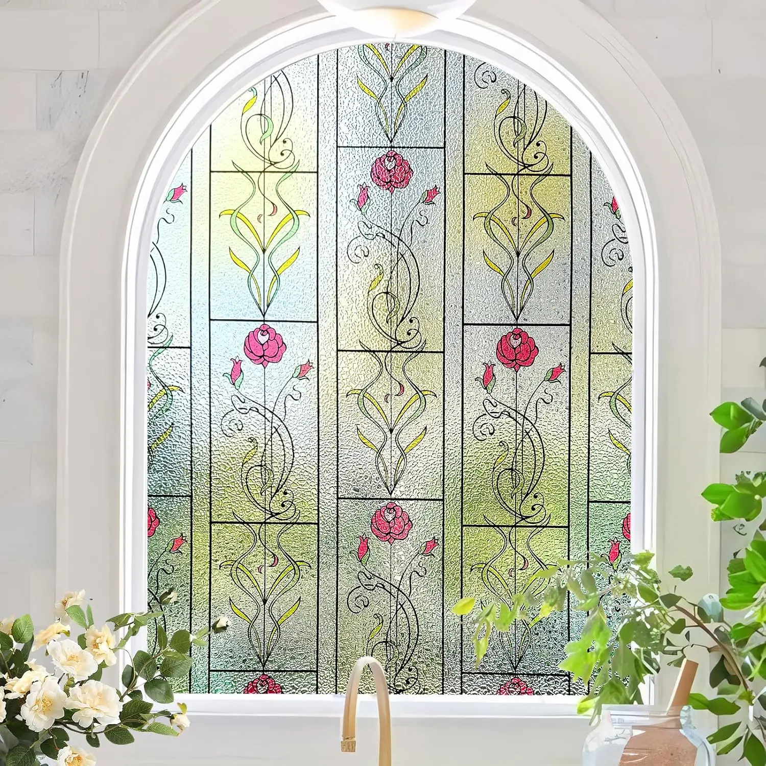 Vintage Rose Glass Window Film, Static Cling Non Adhesive Privacy Film, UV Blocking Heat Control Decorative Glass for Bathroom