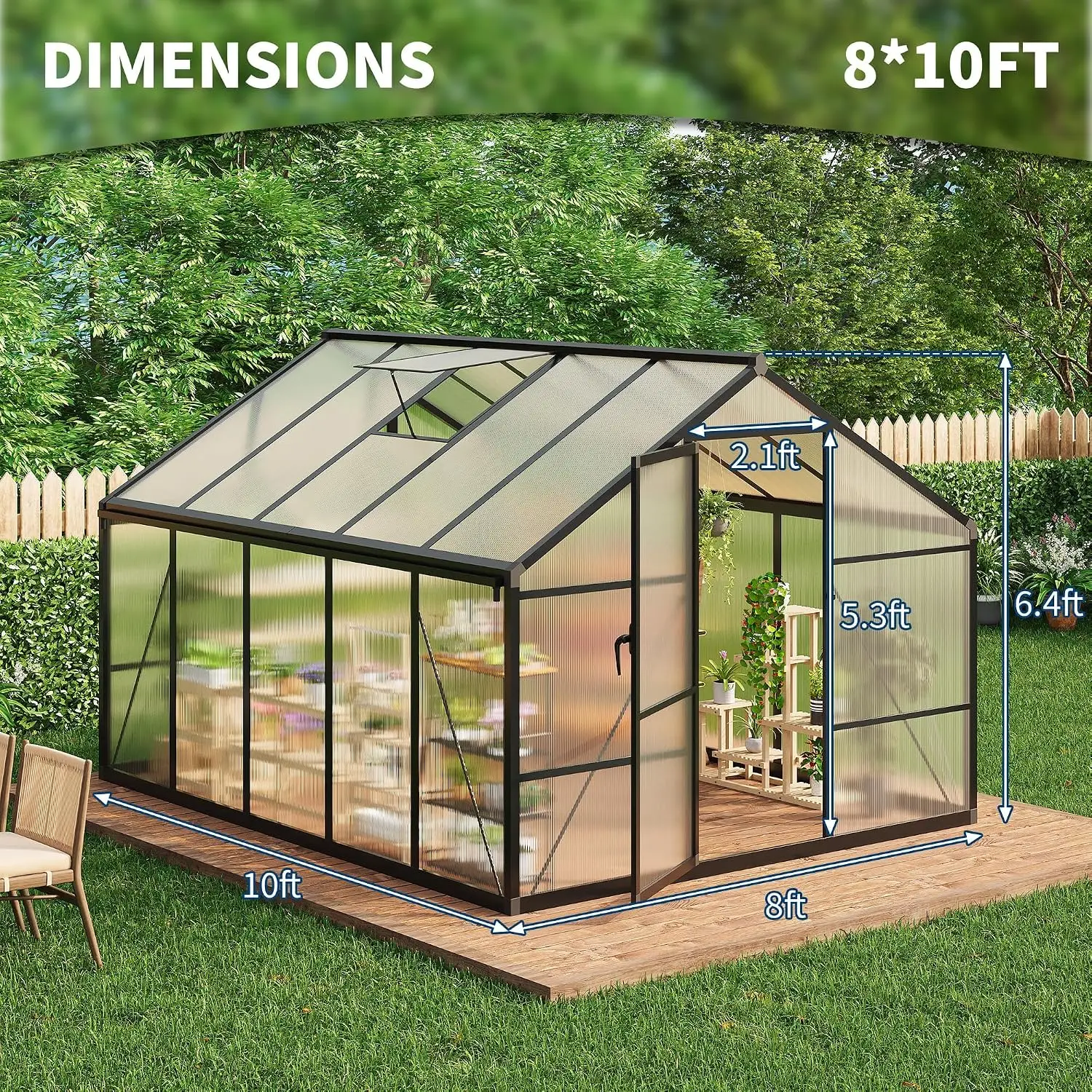 8x10 FT Greenhouse, Greenhouses for Outside, Polycarbonate Greenhouse with Aluminum Frame, Lockable Door and Ajustable, Custom