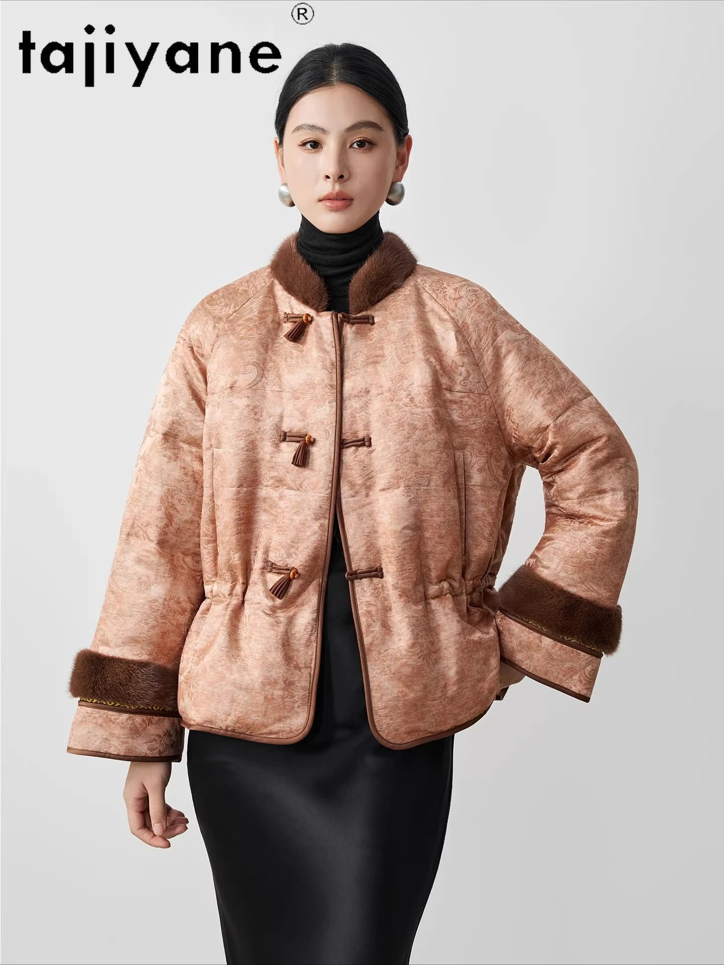 TAJIYANE 90% abrigos de plumas de ganso con cuello de piel de visón chaquetas cortas de Jacquard chaqueta de invierno para mujer 2025 ropa de mujer ·хоiyahaк ж misce