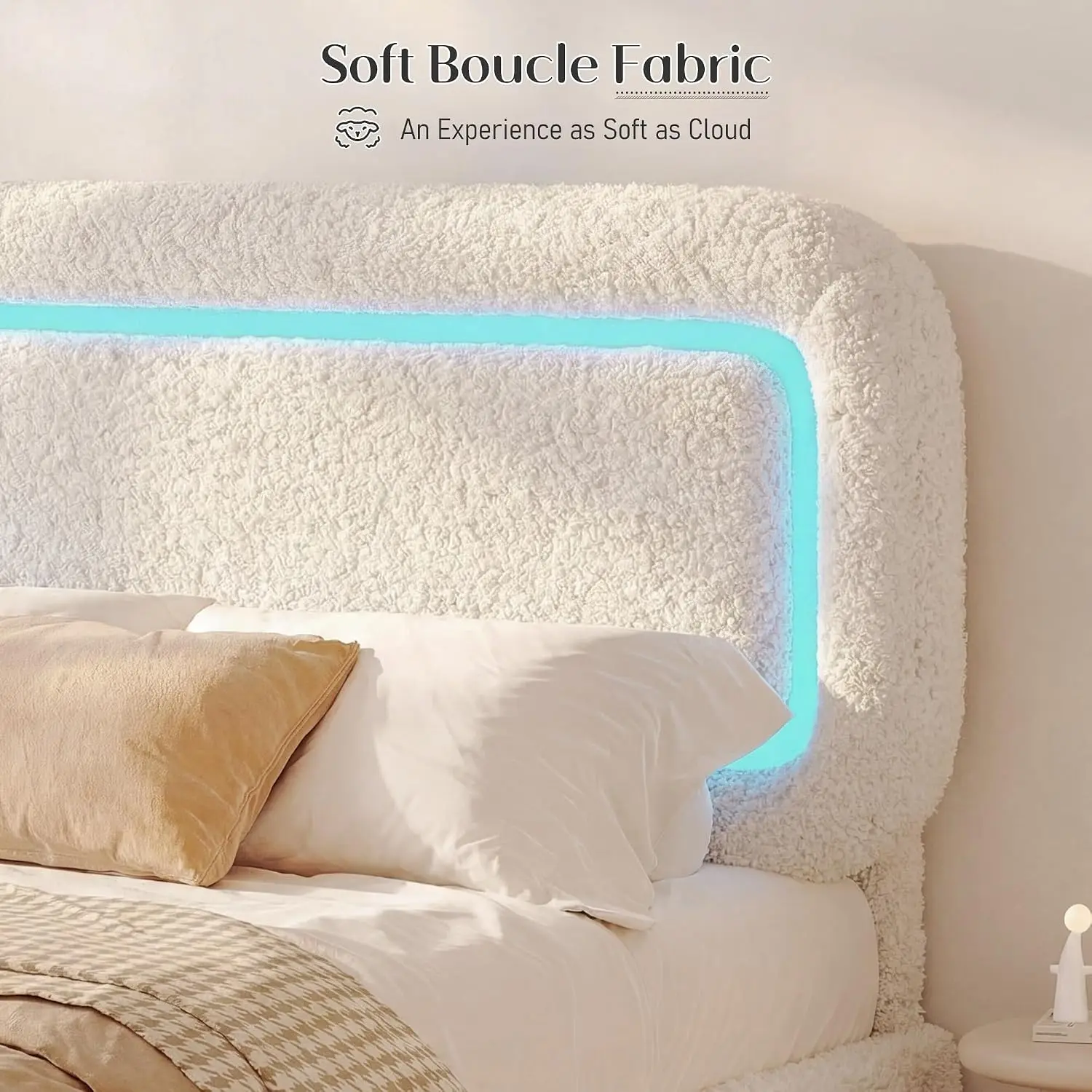 Queen Size Bed Frame LED Headboard Boucle Upholstered Platform Bedroom Furniture, Customized
