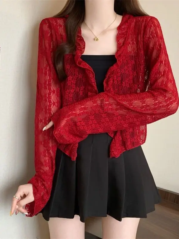 Korean Style Lace Hollow out Cardigan Versatile Base Layer Pure Color Dopaamine Outerwear Women's Summer UV Protection Ice Silk