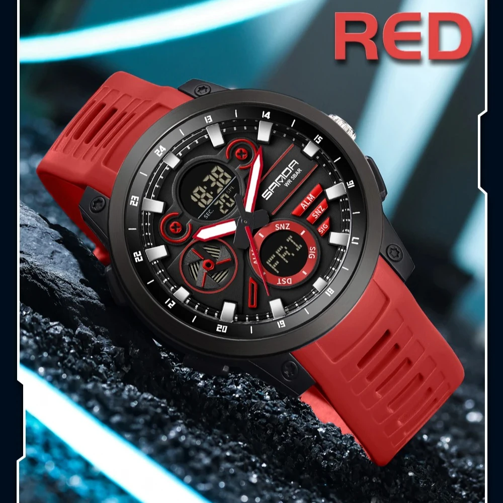 Montre sport pour homme SANDA 3379, bracelet en TPU, étanche, quartz, double affichage numérique LED lumineux, montre homme, Relogio Masculino