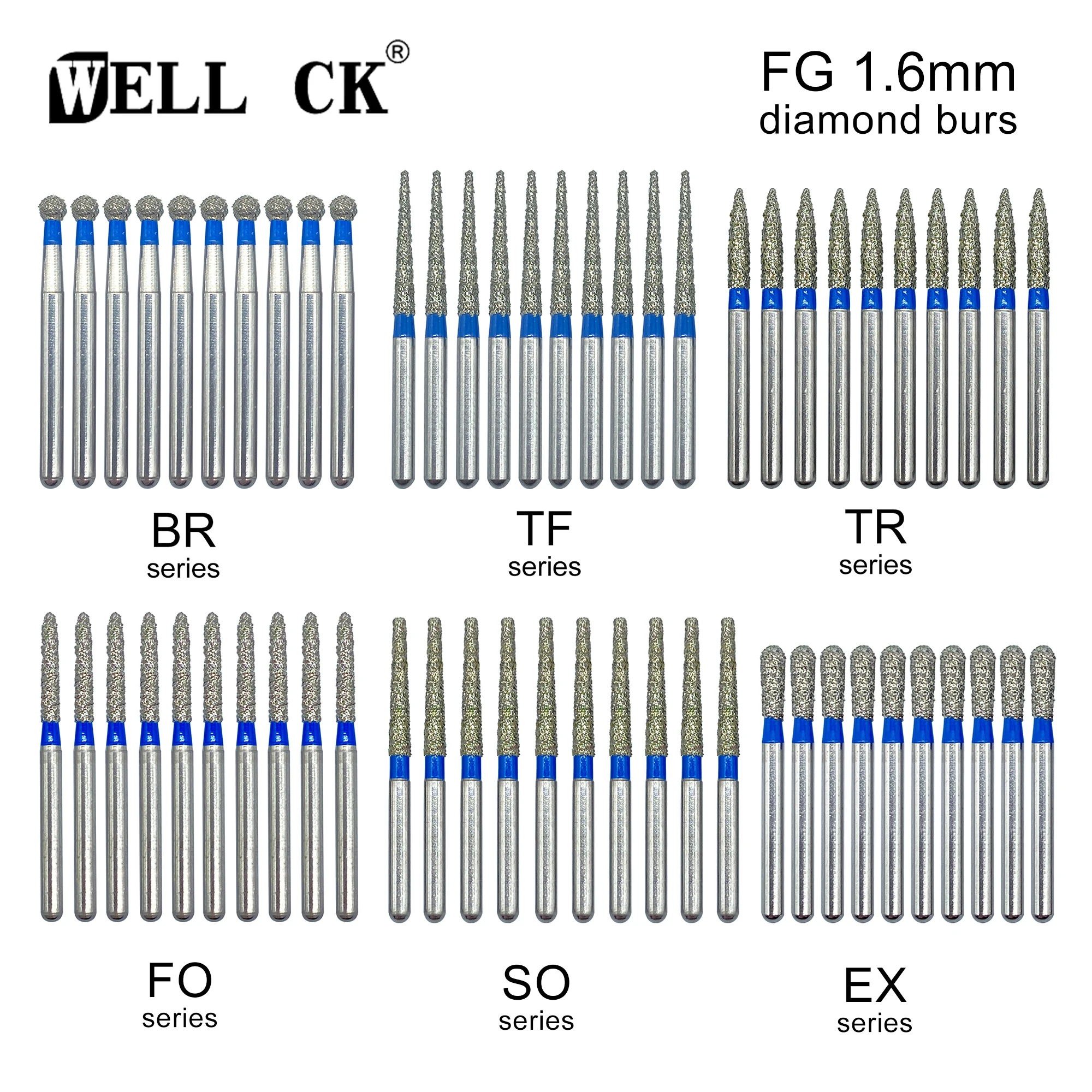 10 unidades/pacote wellck dental diamante burs broca 59 tamanhos fg 1.6mm fresa para handpiece de