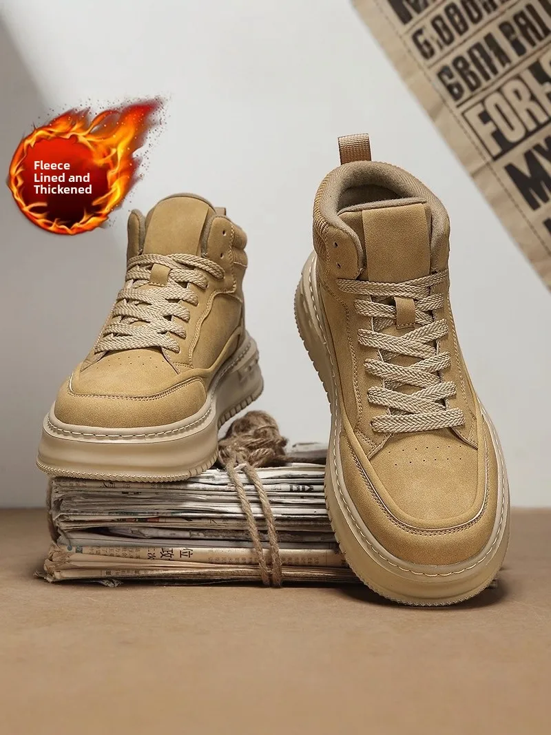 Men's High-Top Boots Winter Fleece Lined Casual Leather Fur Integrated Retro  Boots Comfortable Sporty Warm Thick Bottom