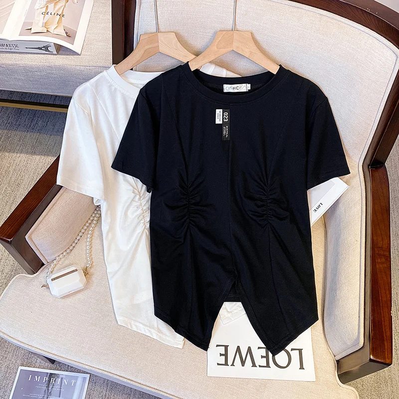 XL-4XL Large Size Irregular Split T-shirt Female Fashion Short-sleeve Oversize Top Shirring Loose Minimalist Style Korean Tshirt