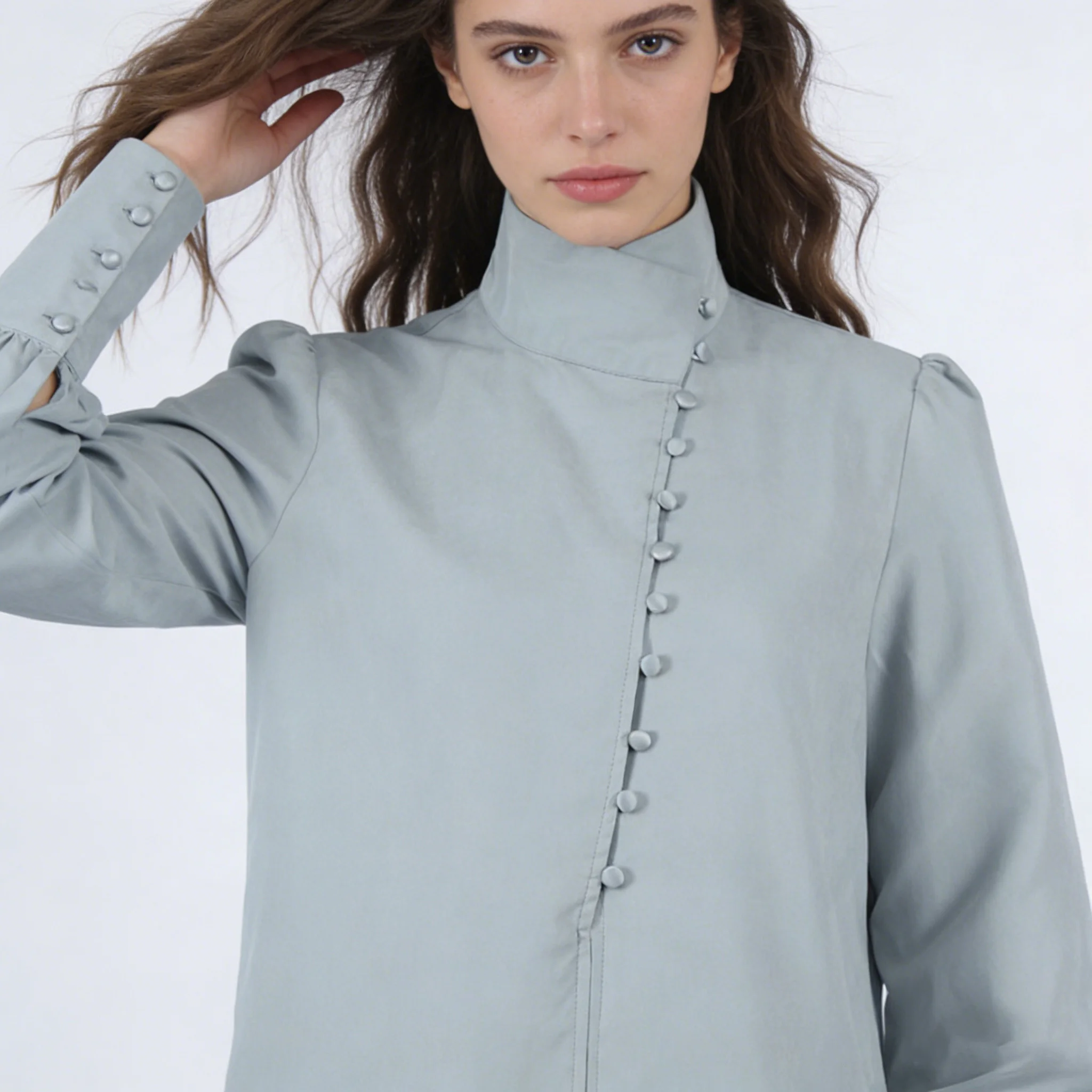 

Женская блузка с воротником-стойкой и двубортной застежкой, с пышными рукавами, винтажная, элегантная, для офиса и повседневной носки, однотонная, с длинным рукавом