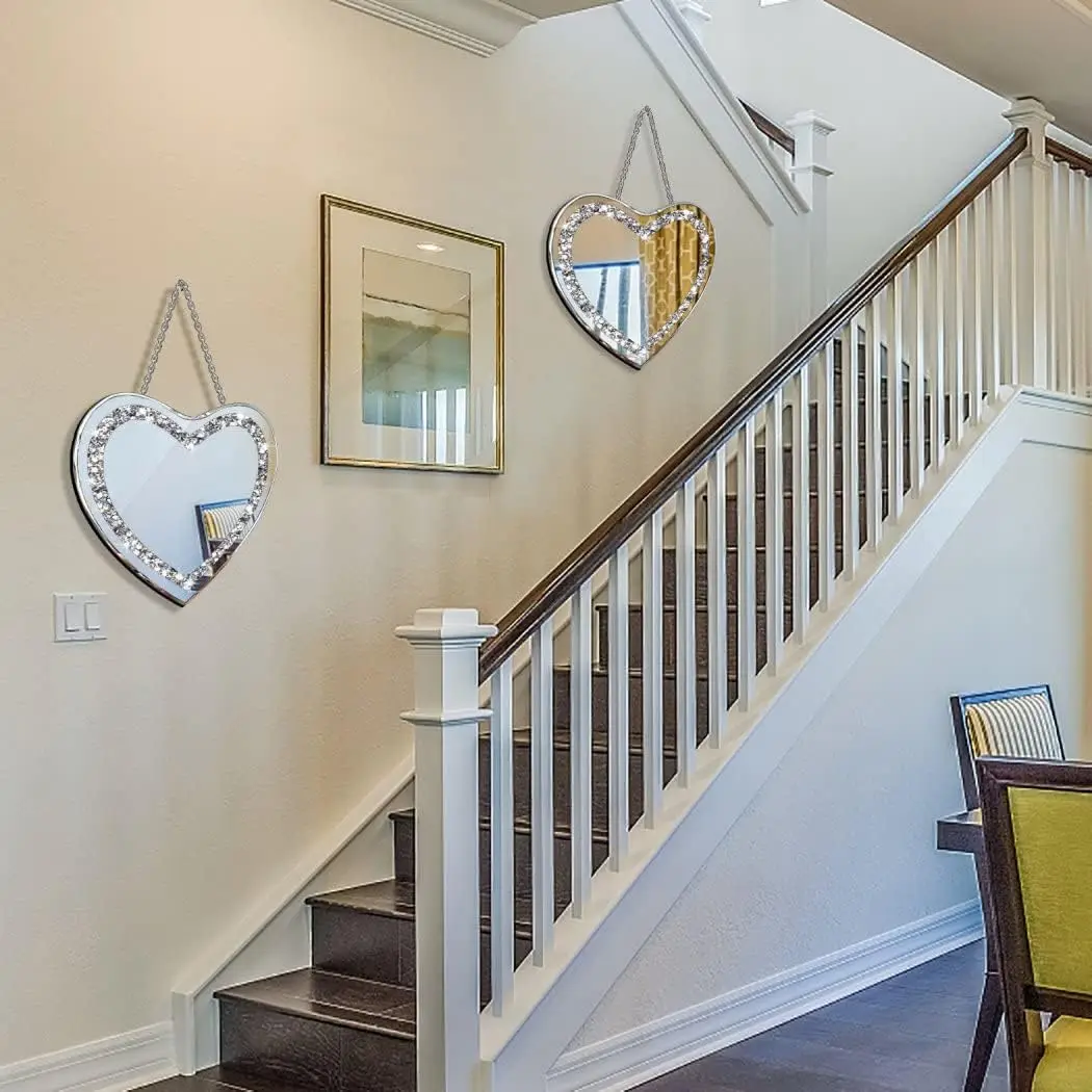 กระจกแก้วเงินรูปหัวใจ 2 แพ็ค 12x12 นิ้วคริสตัล Crush Diamond Decor กระจกโซ่สําหรับตกแต่ง