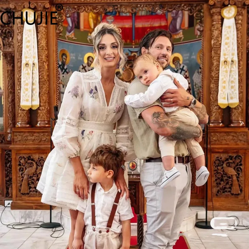 

CHUJIE Women's Dress 2025 Spring/Summer New French Retro Trend Forest Lace Lace V-neck Flower Buckle Waist Printed Short Dress