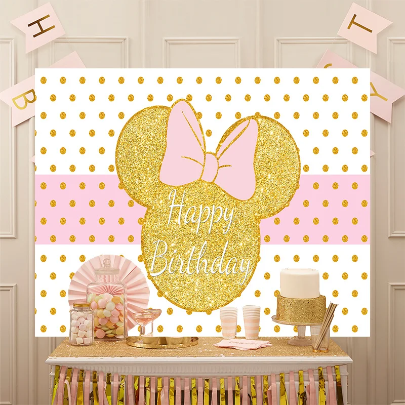 Disney Cartoon Pink Glitter Bow Tie Minnie Mickey Mouse Head Happy Birthday Party Themed Backdrop Background for Kids Banner