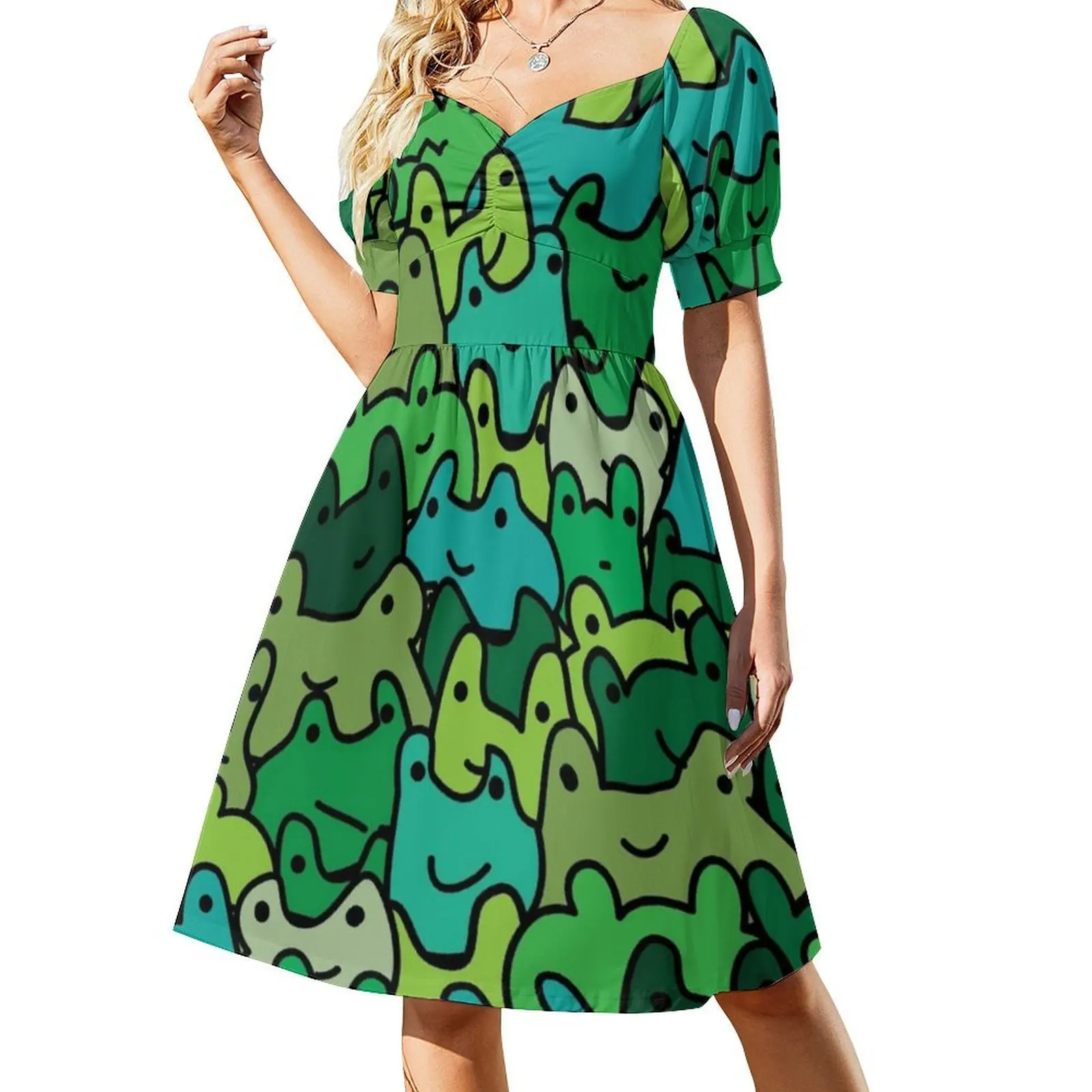 نمط الضفدع في فستان حفلات نسائي متدرج أخضر لطيف ملابس الشارع الشهير ملابس نادي مطبوعة عصرية للنساء نمط الضفدع Froggie #2