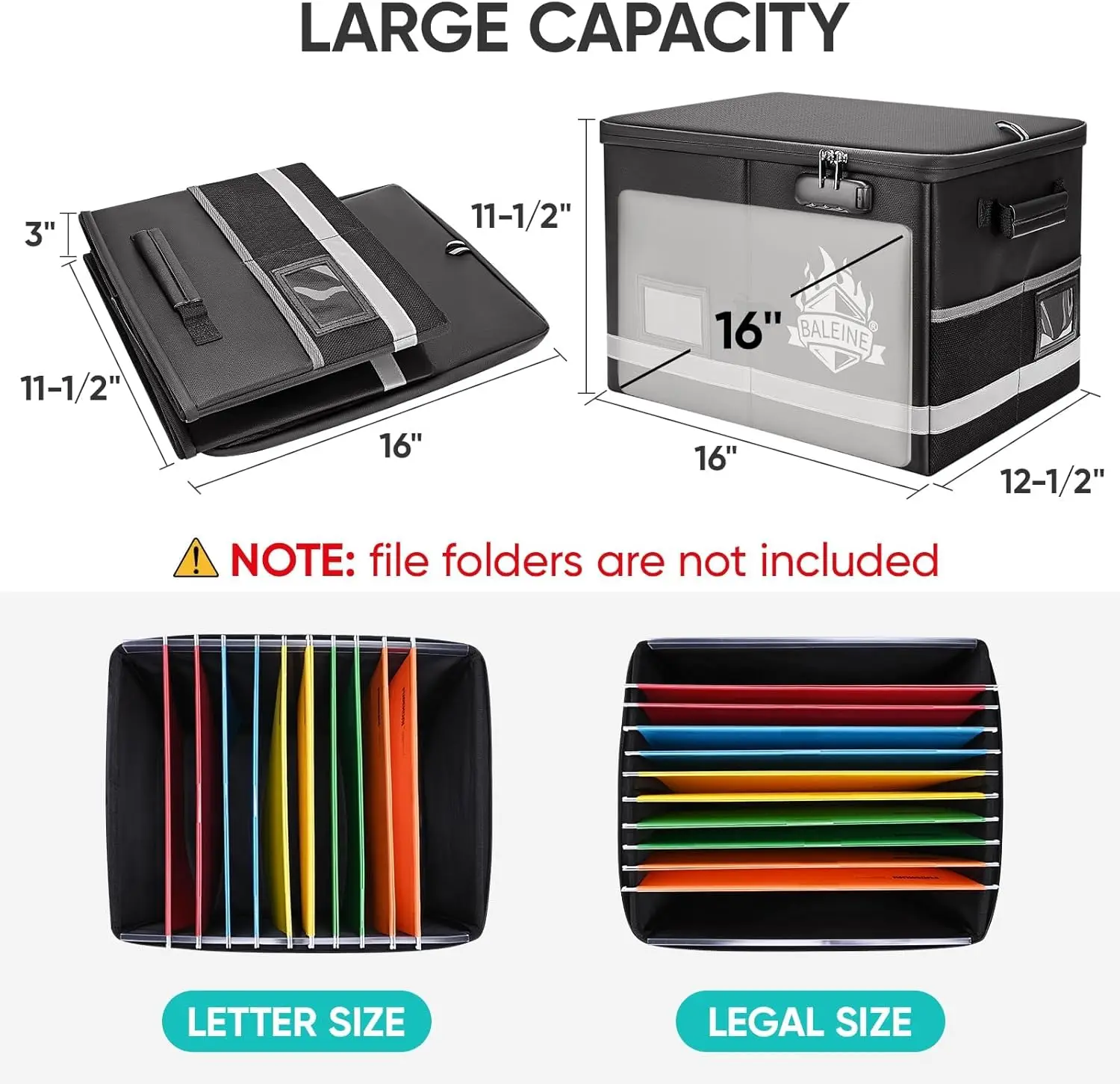 Fireproof Waterproof Document Box with Lock, Portable File Organizer for Important Papers (Black, 16''x12.5''x11.5'')