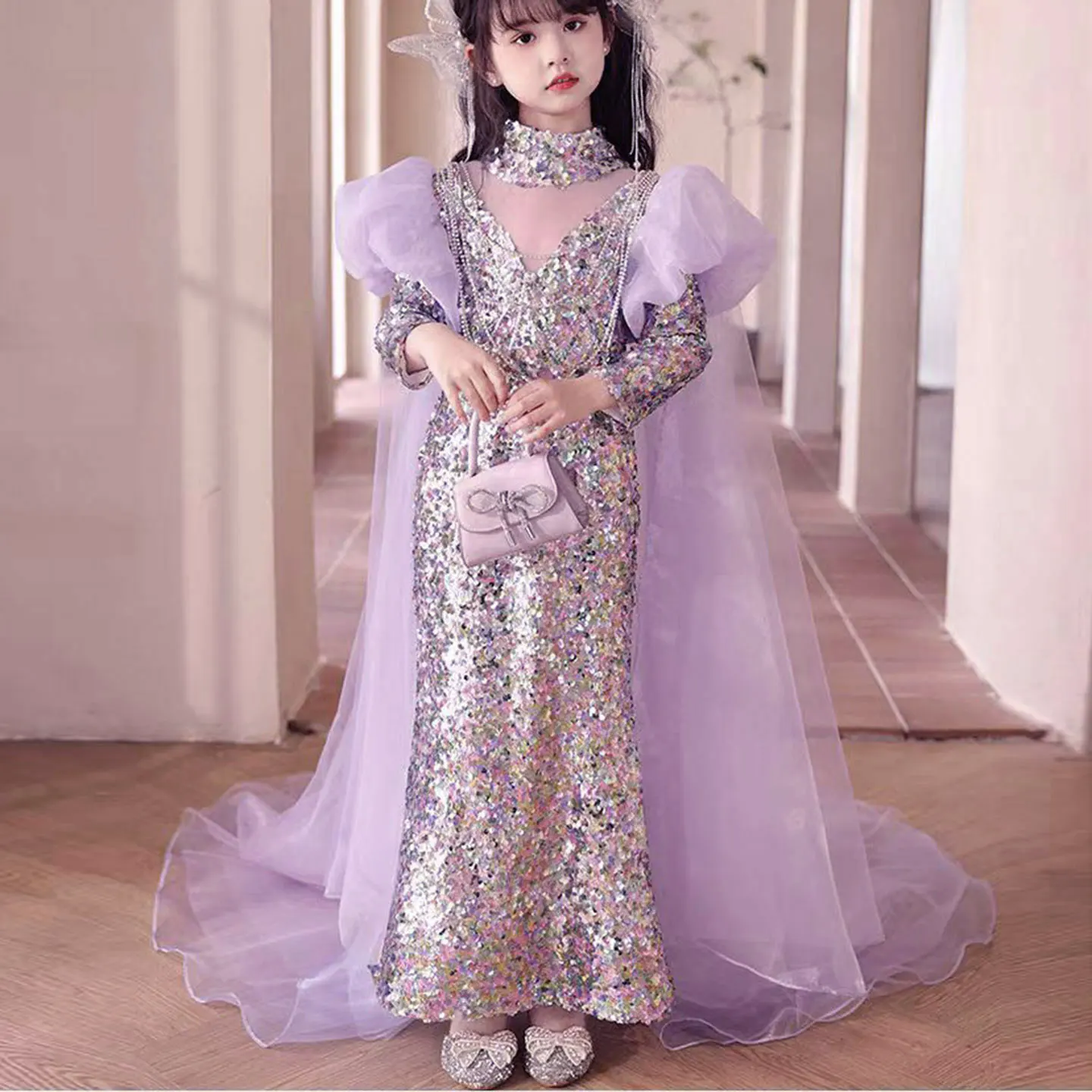 Jill Wish Shiny Lilac Girl Dress Sequined with Cap Kids Princess Gown for Birthday Wedding Holy Communion Party Honors Day J076