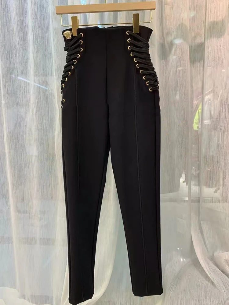 Design two sides of the hole lacing high waist small foot pants 2025 spring women's new fashion all matching stretch leggings