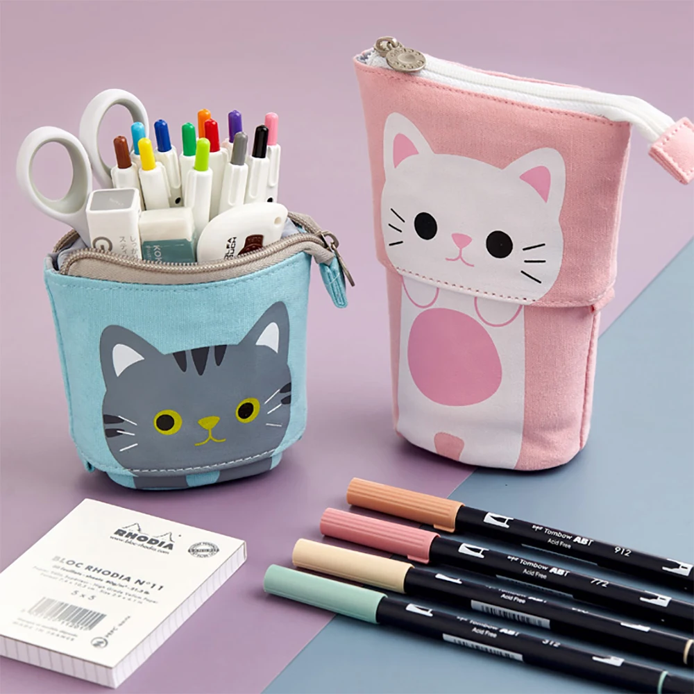 Cute Cat School Pencil Case for Girls Boy Pencilcase Canvas Cartridge Pen Bag Kawaii Pen Box Stationery Penal Kit