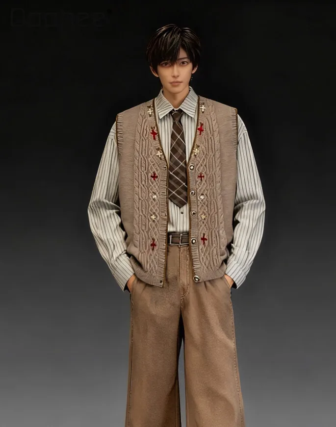 

2025 Autumn Winter New American Retro College Style Men's Embroidered Knitted Vest V-neck Sleeveless Khaki Cardigan
