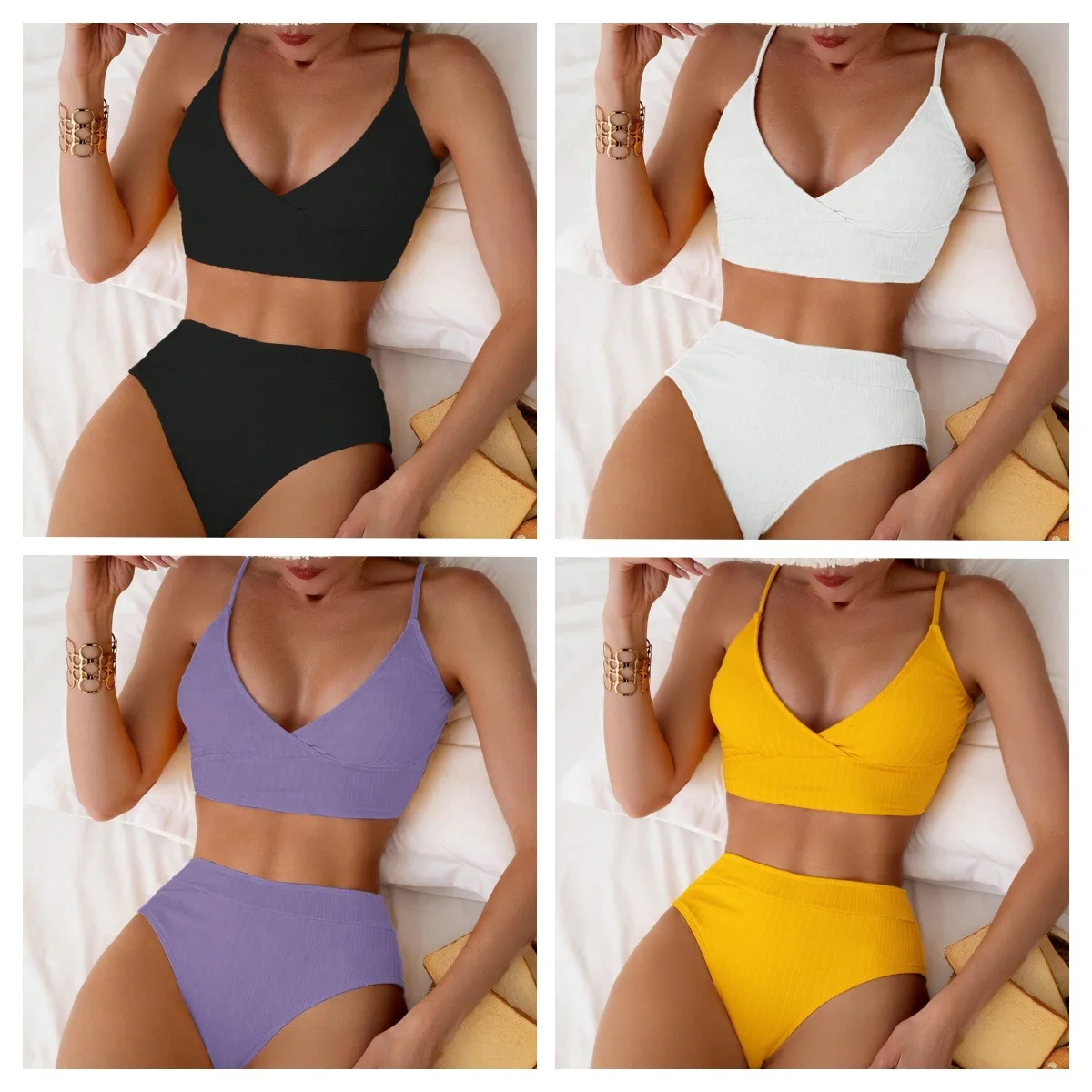 

Summer Beach Vacation Swimsuit Solid Color Deep V Backless Sexy Bikini Split Swimsuit For Women Two-piece Set