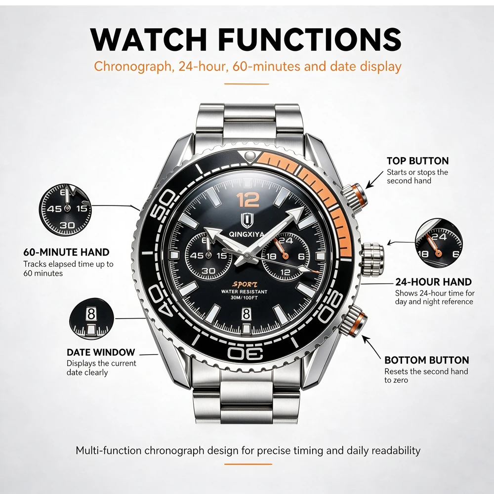QINGXIYA Marken-Luxus-Herrenarmbanduhr Sport-Chronograph Wasserdicht Leuchtend Datumsanzeige Uhren für Herren Casual Quarz Herrenuhr Reloj – Detail 3