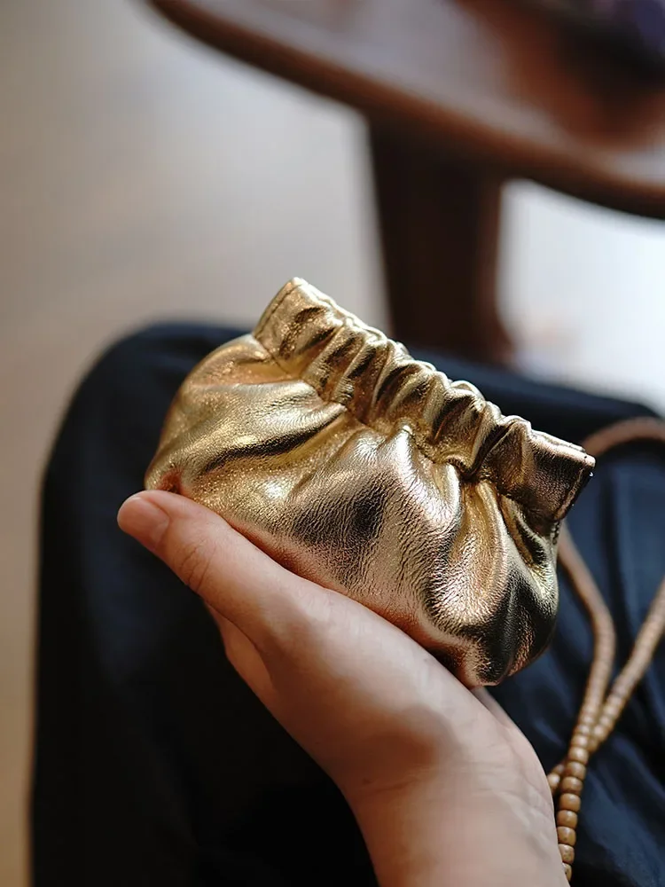 

Sheepskin Simple Western Style Pleated Clip Multi-Functional Leather Large Capacity Change Earphone Coin Storage Bag