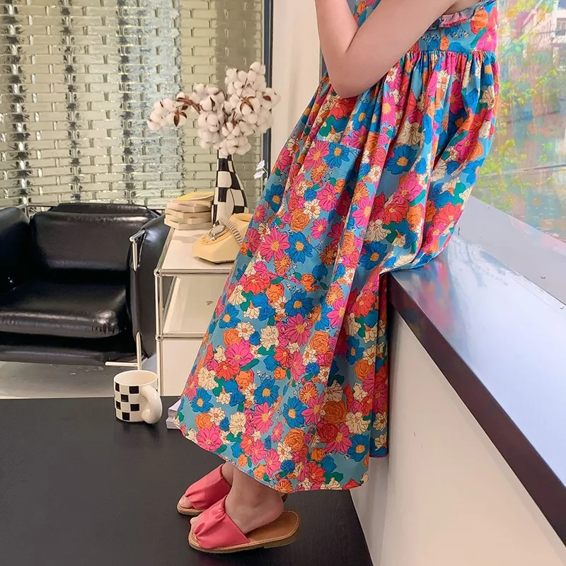 Summer Girls Floral Print Waist Puffy Dress Korean Style Fashion Party Clothes Small Flying Sleeves Cute Princess Dress