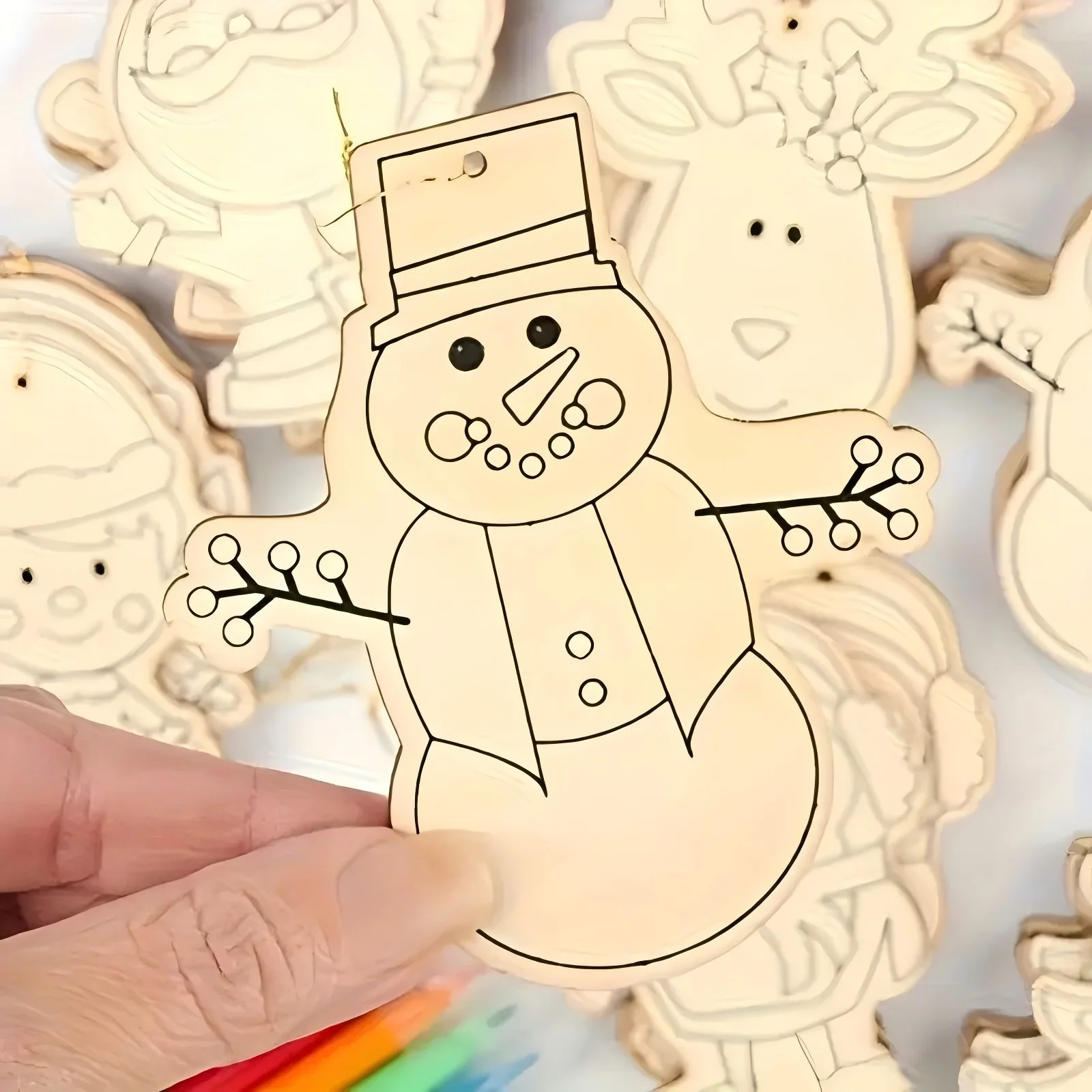 12 قطعة عيد الميلاد زخرفة خشبية الكرتون ثلج/سانتا/شجرة غير مصبوغ قلادة معلقة لنويل الطرف الديكور دهان داي هدية #5