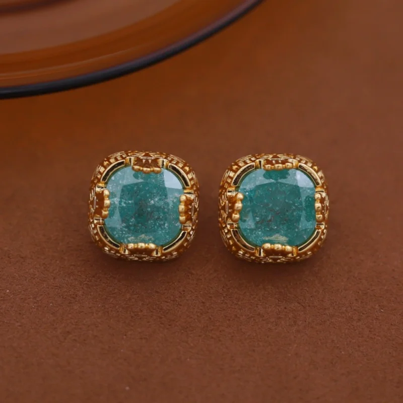 Korean new fashion jewelry 18K gold plated retro green cracked zircon square earrings elegant women's daily work accessories